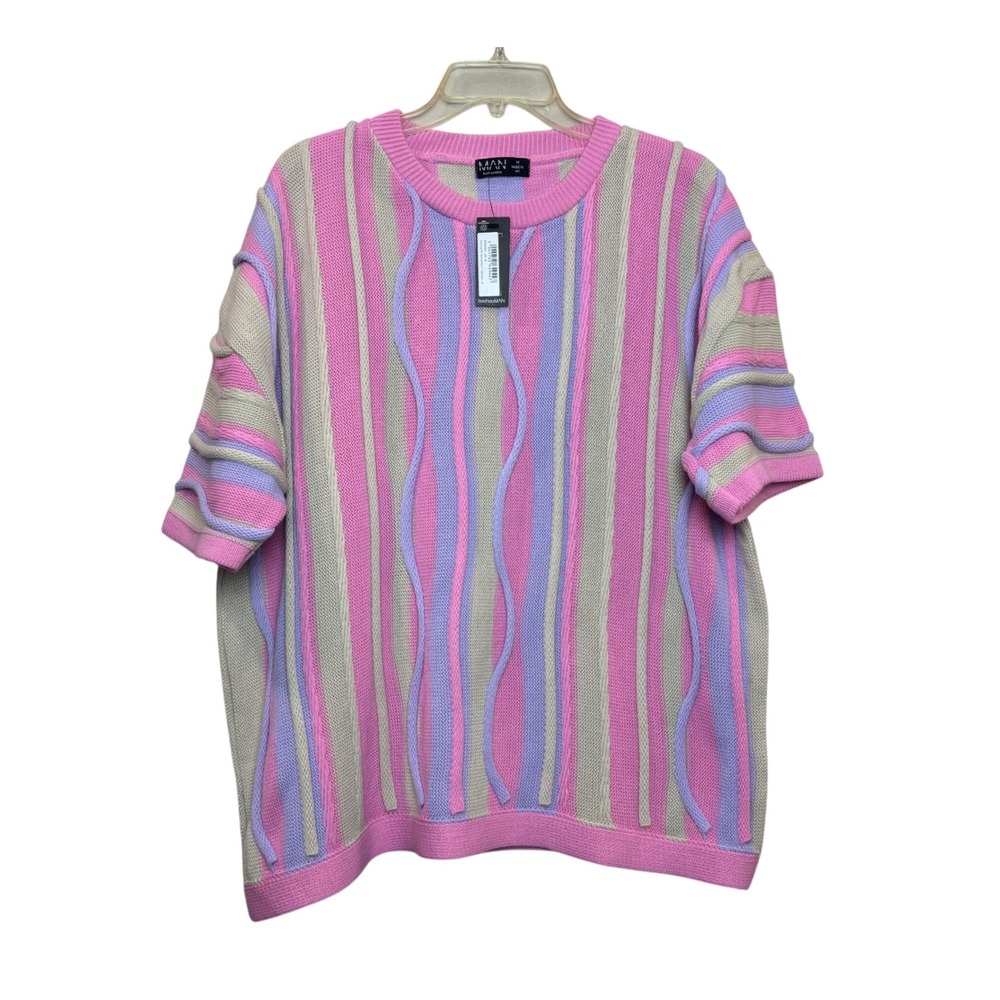 boohooMAN Knit Sweater Mens Medium Pink Purple Vertical Stripe 3D Textured NWT‎